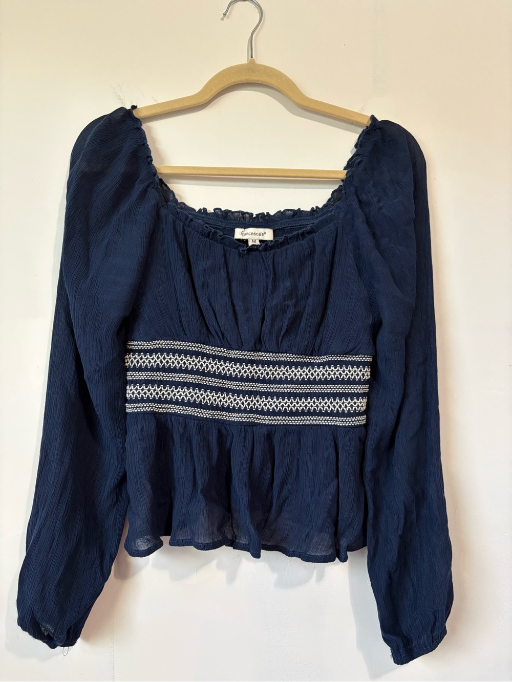 Francesca’s Sanctuary Navy Long-Sleeve Smocked Waist Peasant Top
